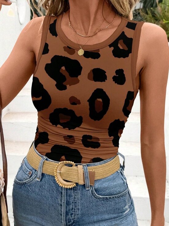 Tops - Multicolor Casual Women's Crew Neck Leopard Printed Tank Top
